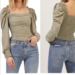 Square neck long sleeve ruched blouse